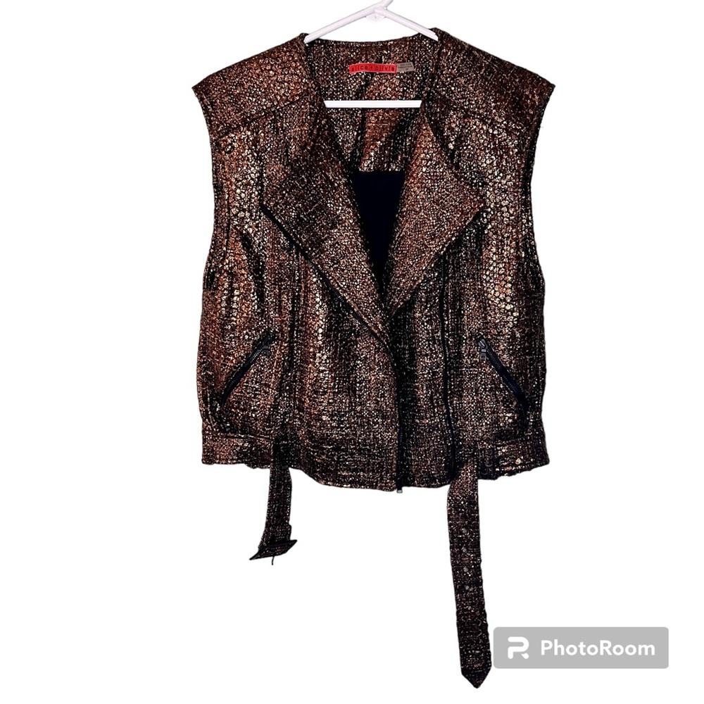 Alice + Olivia Metallic Wool Blend Gold Tweed Moto Vest, Size Small